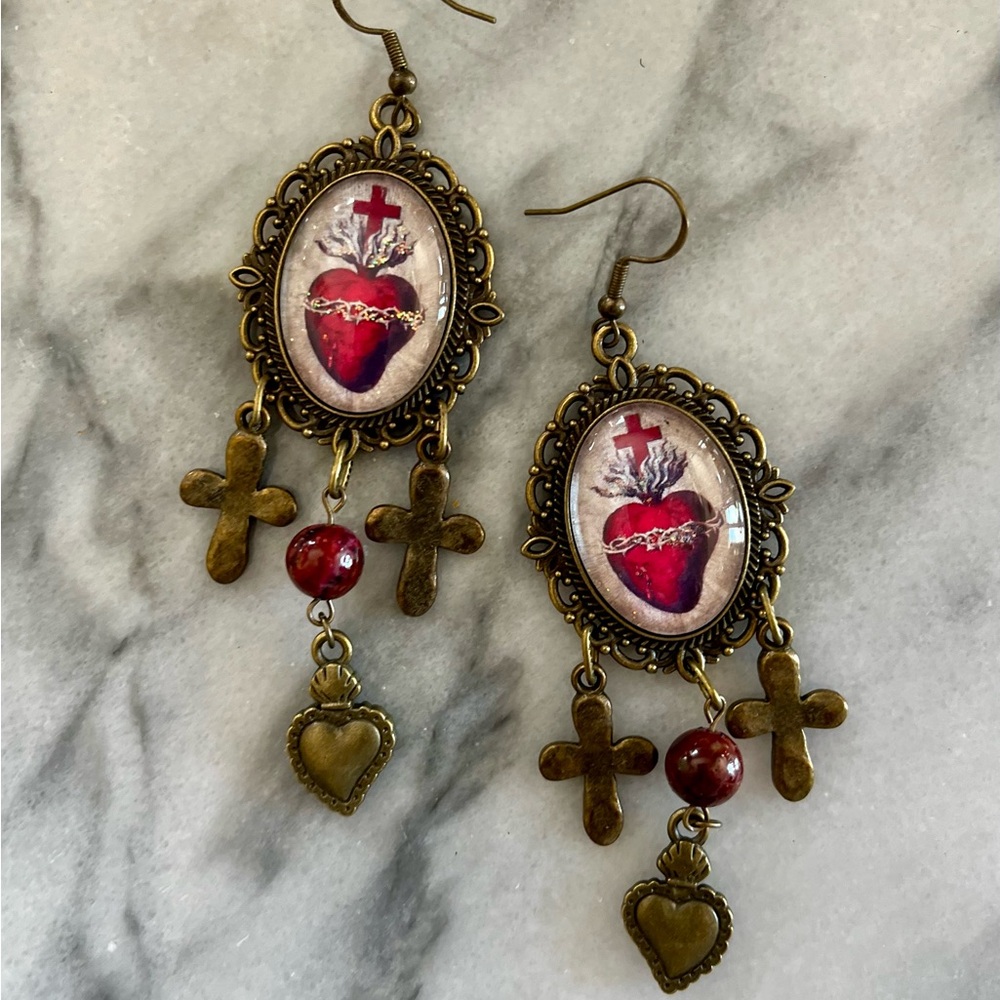 Sacred Heart Vintage Style Earrings Brass Setting Chrysocolla Beads